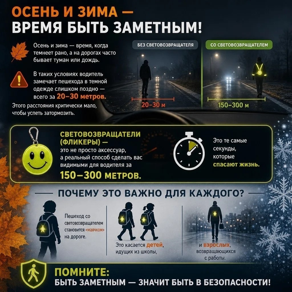 Осень - время, когда темнеет рано, а на дорогах часто бывает туман или дождь. В таких условиях водитель замечает пешехода в темной одежде слишком позд...